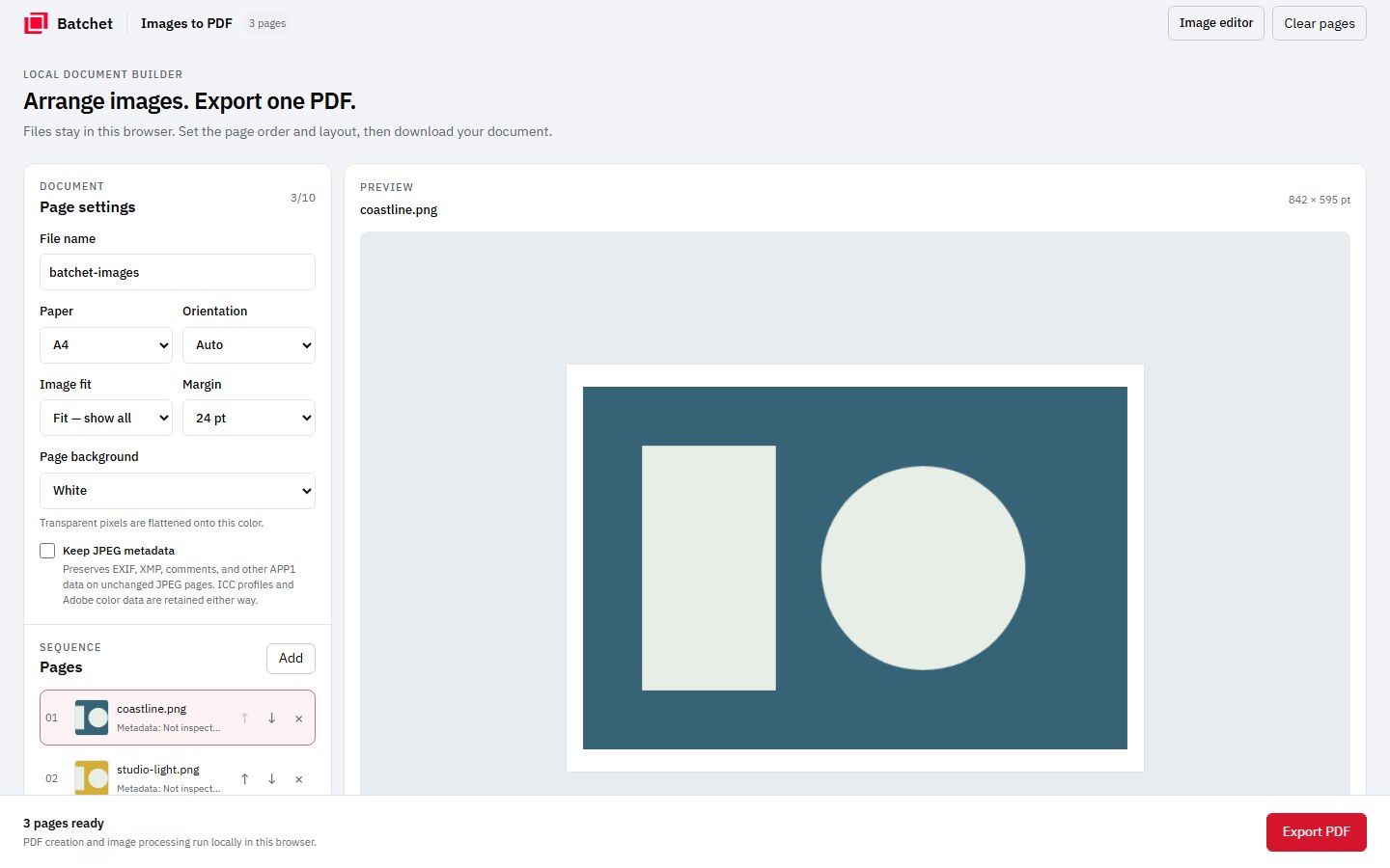 PDF builder showing that three pages are ready and a button to export the document