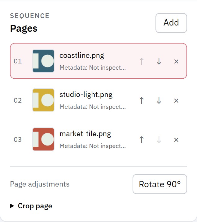 PDF builder page list showing three images in sequence, with controls to reorder, remove, and rotate pages