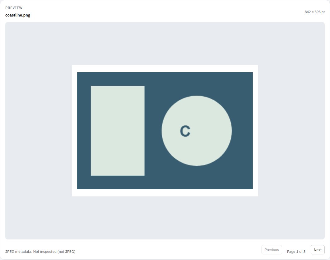 PDF preview showing an image placed on a white page with page dimensions and navigation controls