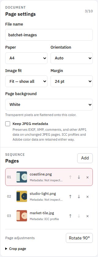 PDF page settings for filename, paper, orientation, image fit, margin, page background, and optional JPEG metadata retention